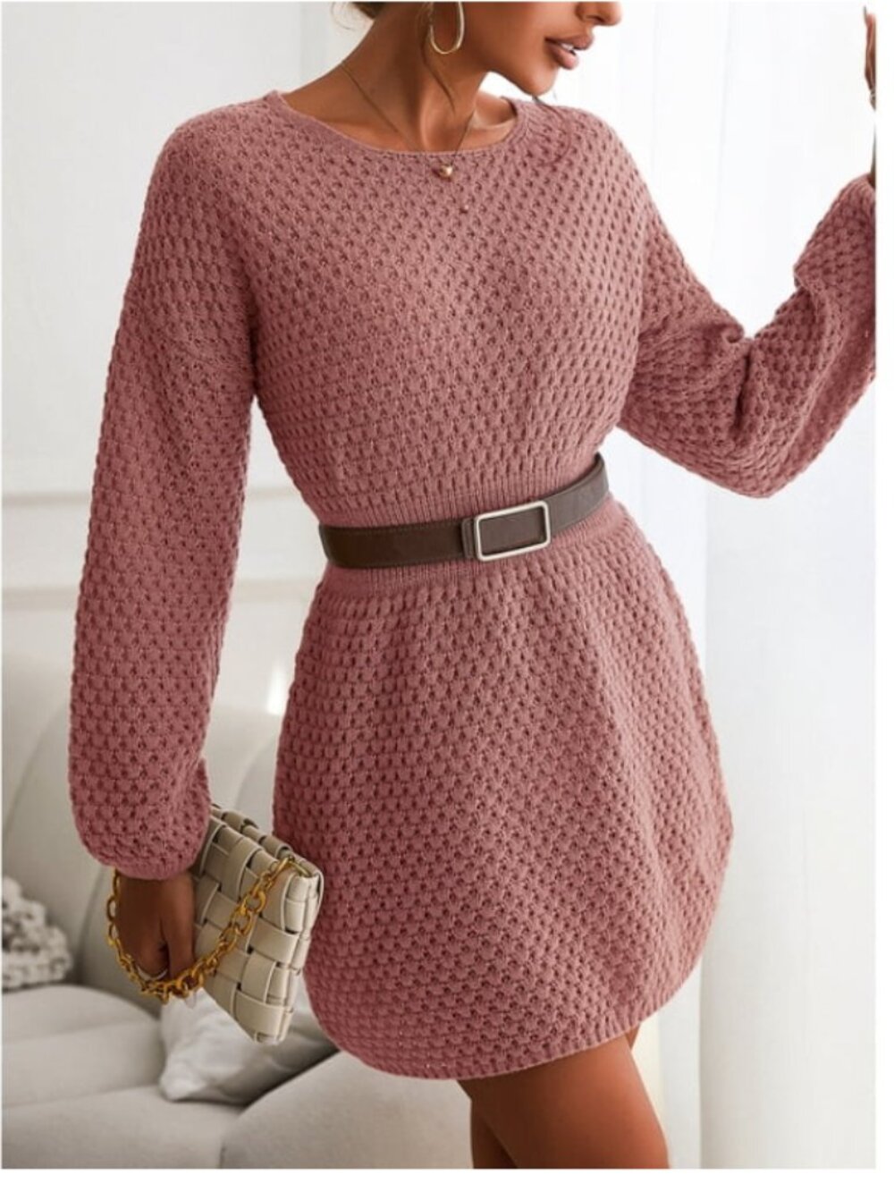 CUPSHE Women's Dress Round Neck Textured Knit Mini Sweater Dress - Picture 4 of 6